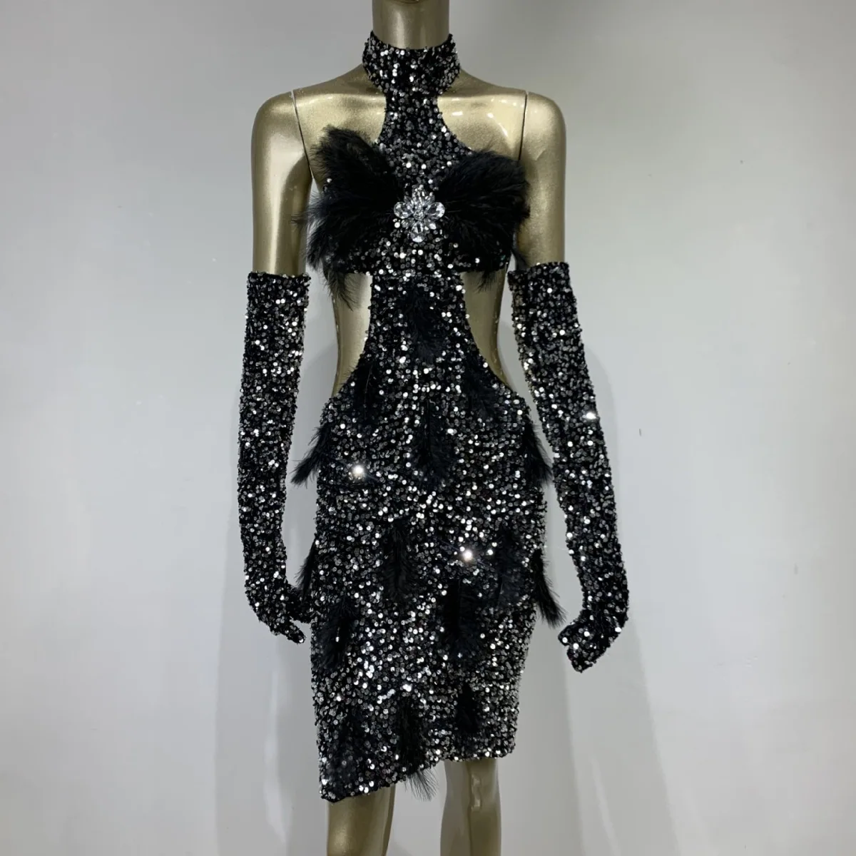 Cross-border hot sale sexy backless black sequined hip dress celebration birthday stage performance dress plus size