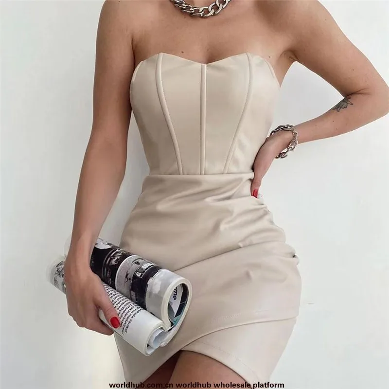 European and American style women's clothing 2024 autumn and winter new fashion design bandeau sexy buttocks PU dress female