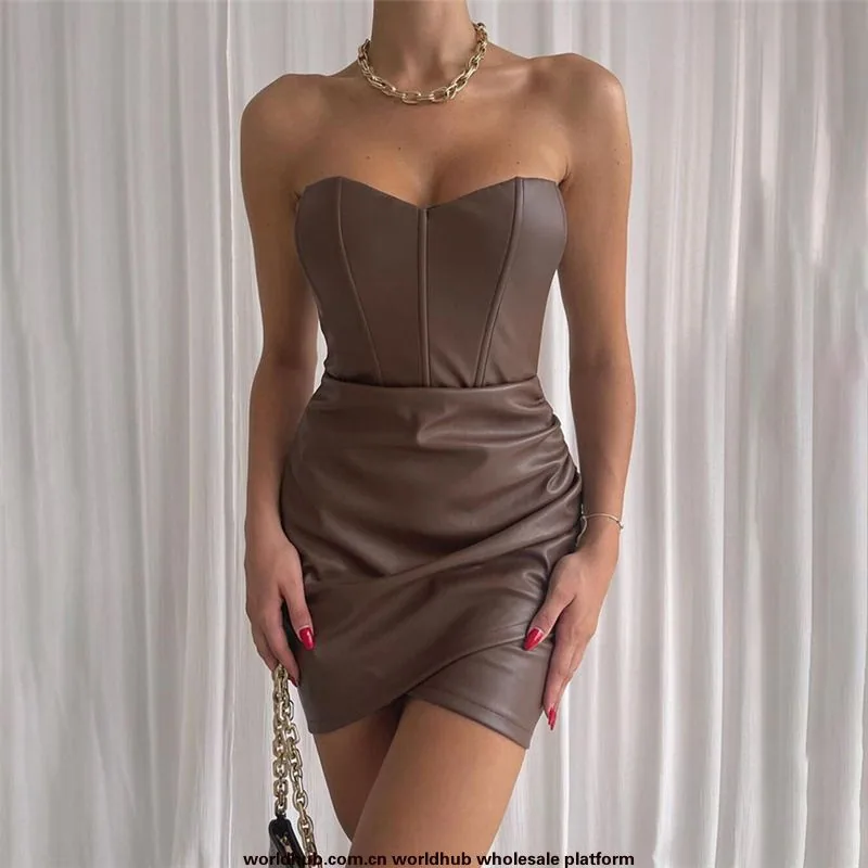 European and American style women's clothing 2024 autumn and winter new fashion design bandeau sexy buttocks PU dress female nig 3