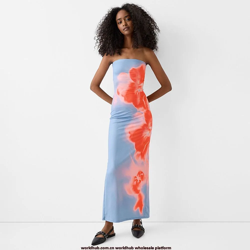 Cross-border European and American style women's clothing Amazon's new sexy bandeau printed hip slit dress women's seaside