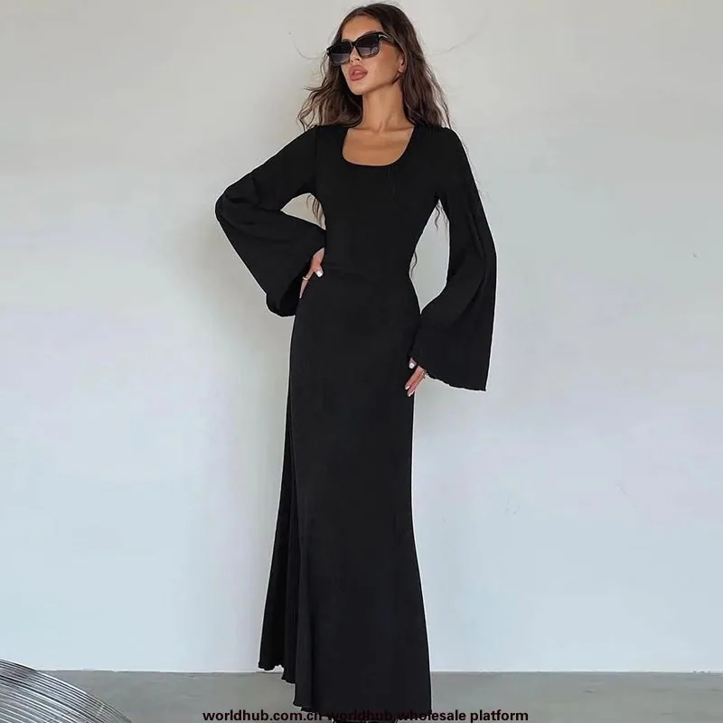 Amazon cross-border women's clothing new autumn new fashion loose U neck back lace-up long sleeve dress wholesale