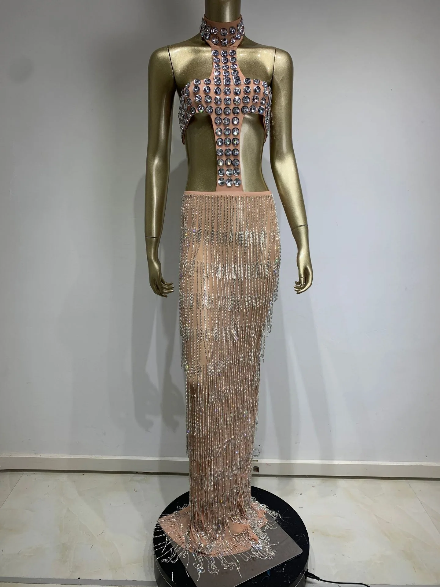 Cross-border hot sale sexy halterneck rhinestone dress birthday party nightclub gogo diamond chain stage show dress skirt