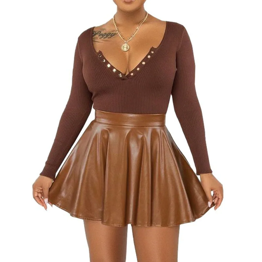 European and American clothing 2024 Amazon cross-border sexy solid color PU skirt women's skirt mini skirt umbrella skirt 3