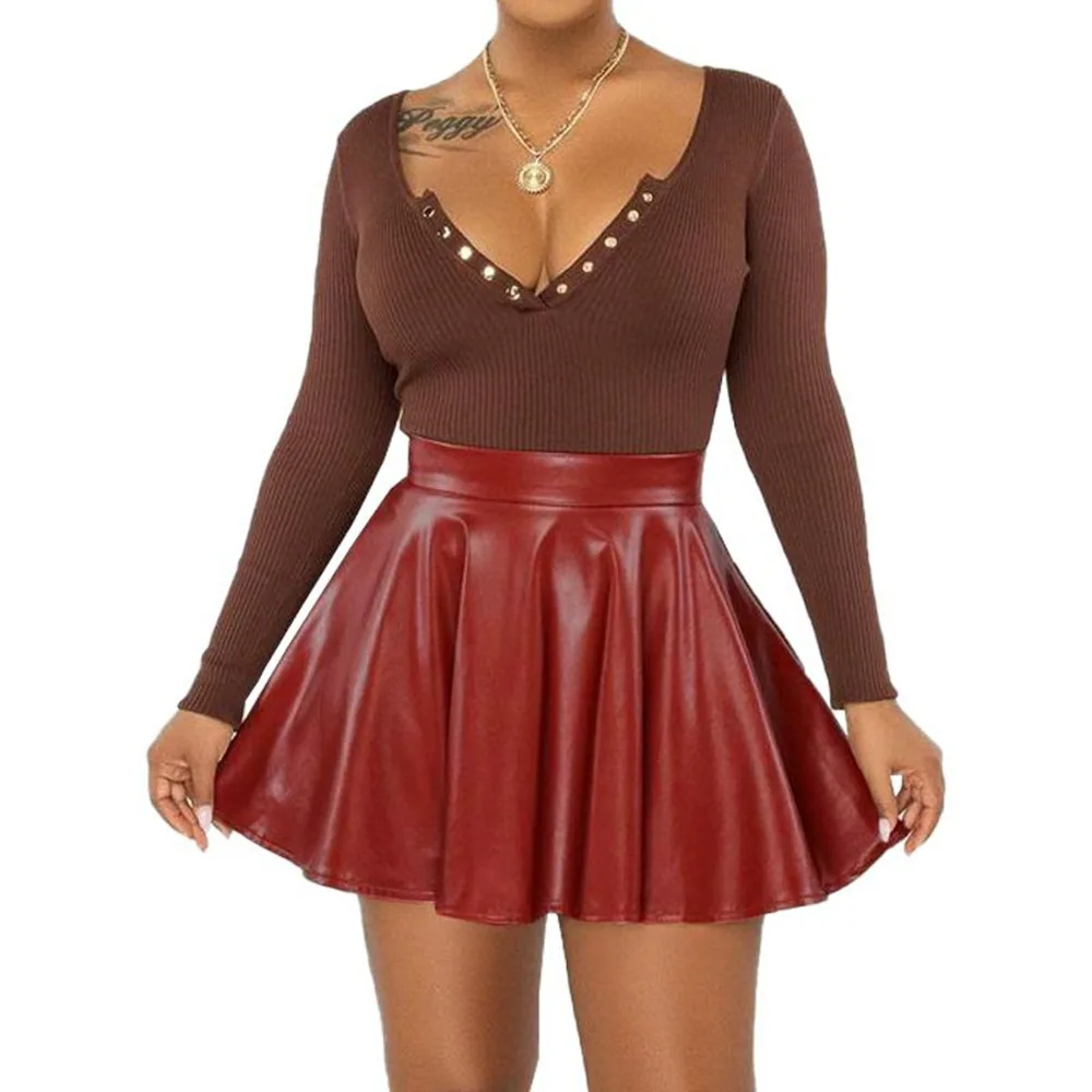 European and American clothing 2024 Amazon cross-border sexy solid color PU skirt women's skirt mini skirt umbrella skirt 2