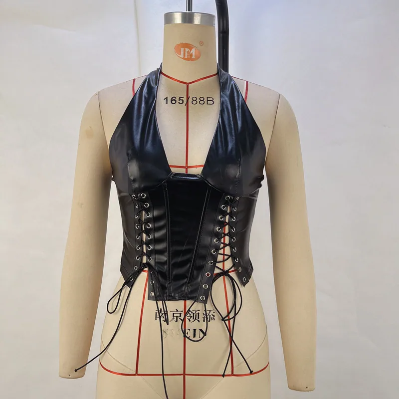 Amazon cross-border European and American clothing fashion PU leather halterneck sexy strap tight waist vest women's clothing