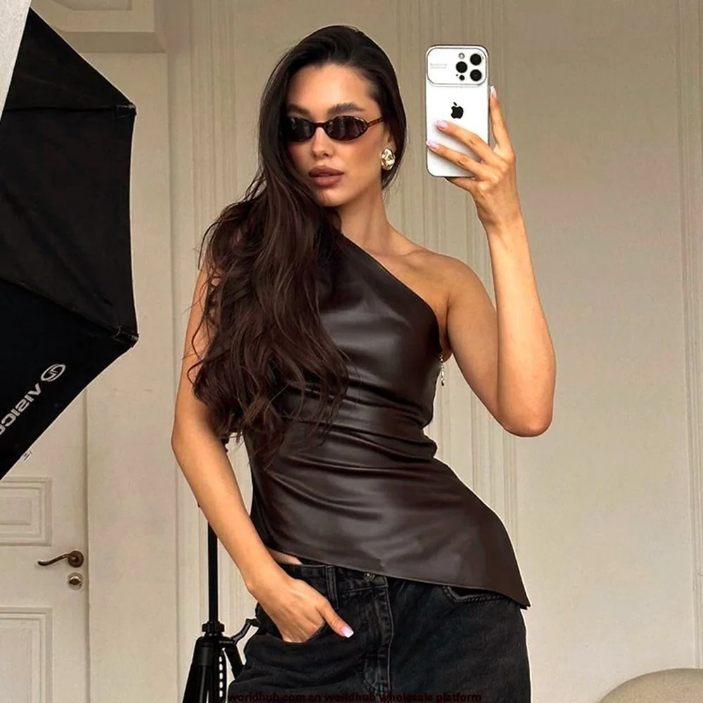European and American women's one-shoulder sleeveless vests Autumn Amazon's new solid color slim slim collar zipper slimming top 2