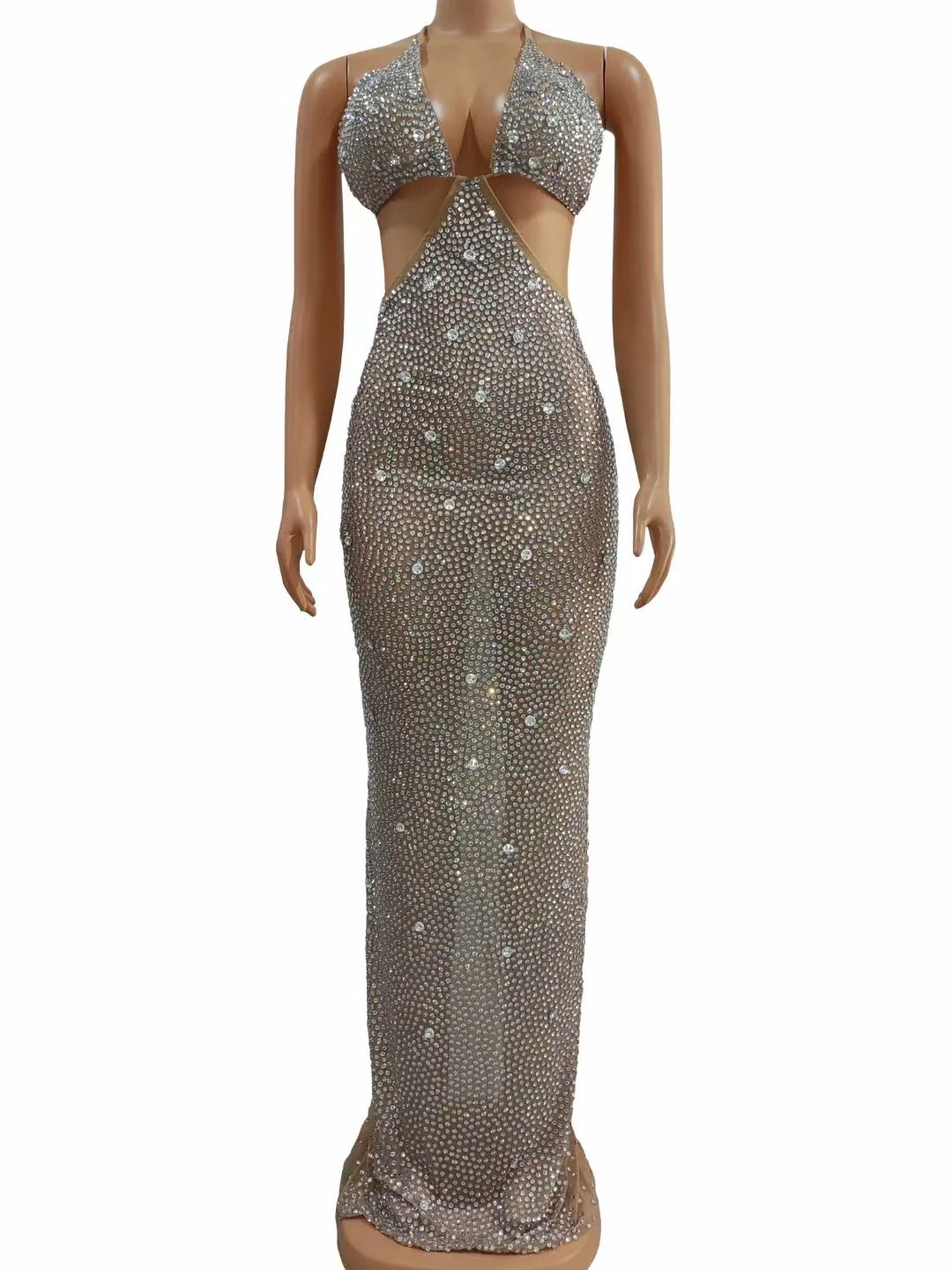 2024 New European and American Stage Show Sexy Halterneck Backless Silver Rhinestone Dress Birthday Party Dress Dress