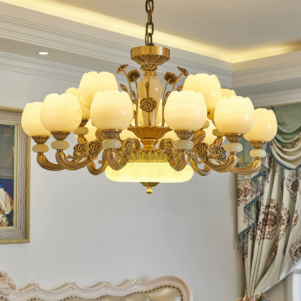 New European style chandelier jade copper lamp chandelier villa living room copper lamp dining room lighting lamp