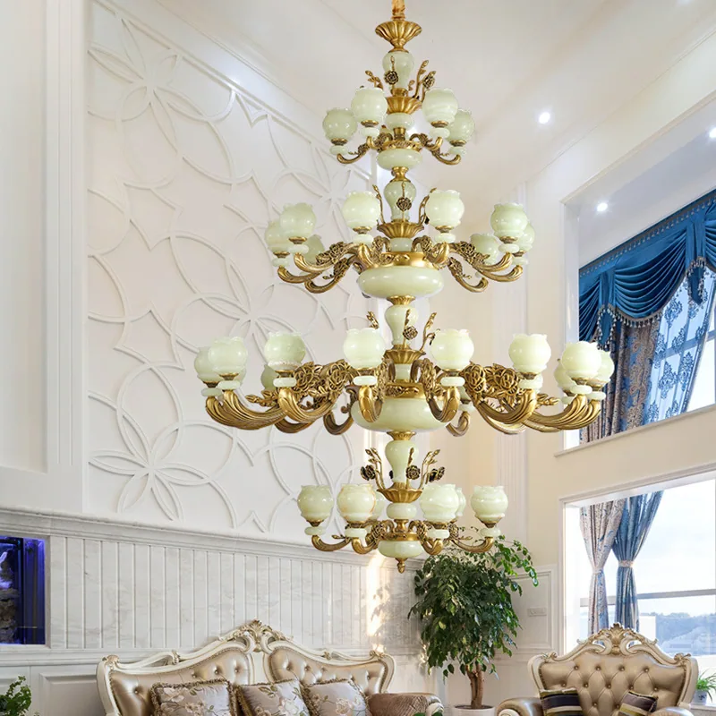 European style villa chandelier, natural jade full copper chandelier, duplex staircase, all copper jade chandelier 2