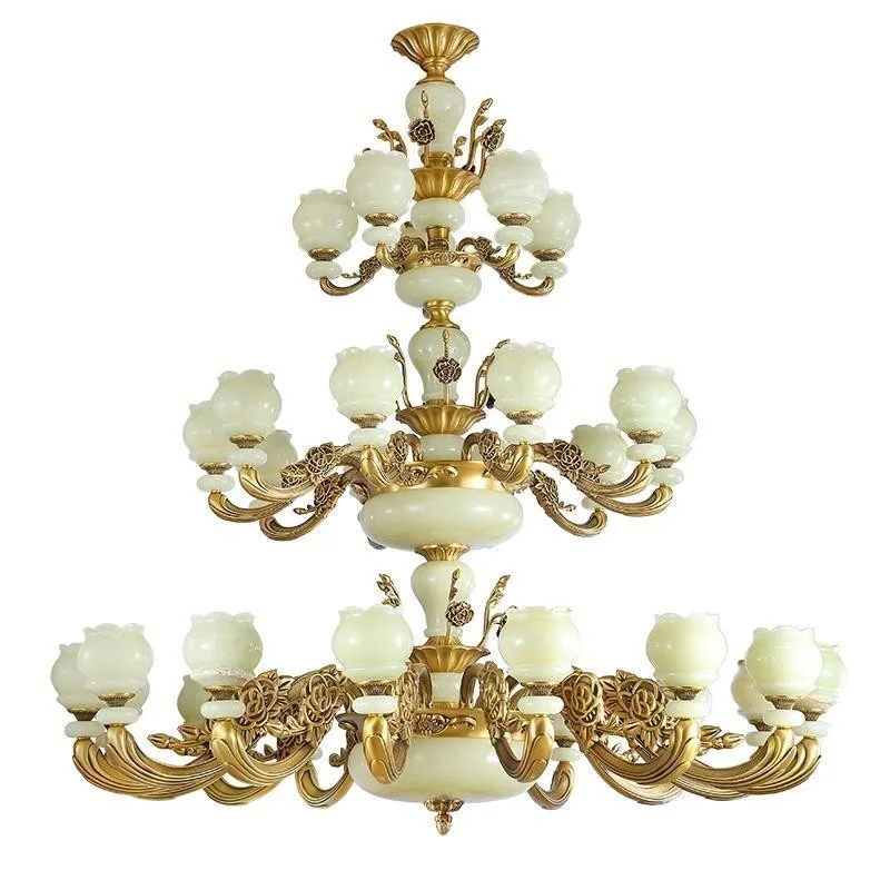 European style villa chandelier, natural jade full copper chandelier, duplex staircase, all copper jade chandelier