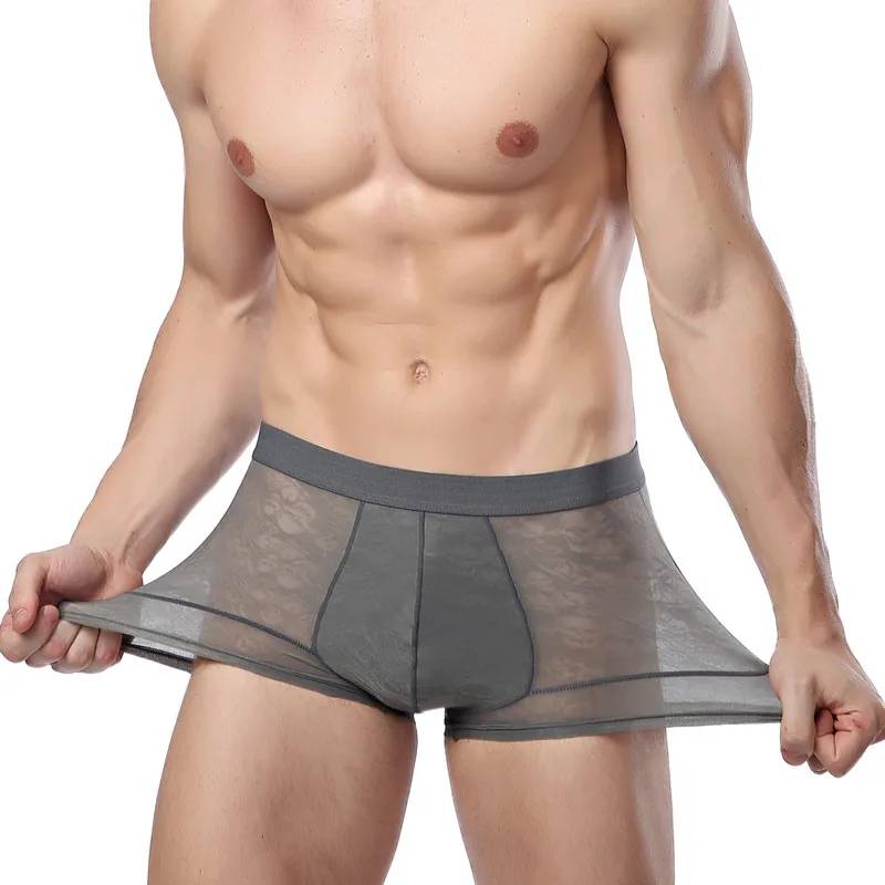 Factory direct sales mid-waist solid color young men's ice silk breathable hollow ultra-thin sexy boxer briefs recruit agents 4