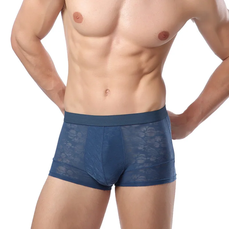Factory direct sales mid-waist solid color young men's ice silk breathable hollow ultra-thin sexy boxer briefs recruit agents 7