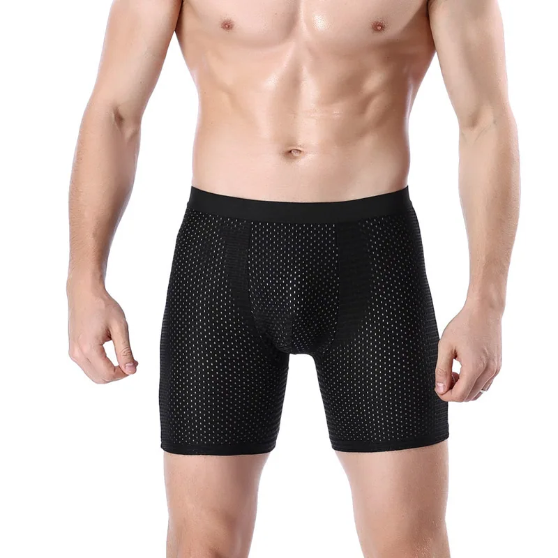 Men's sports briefs, lengthened ice silk mesh, sexy breathable boxer briefs, running anti-abrasion legs, long trousers
