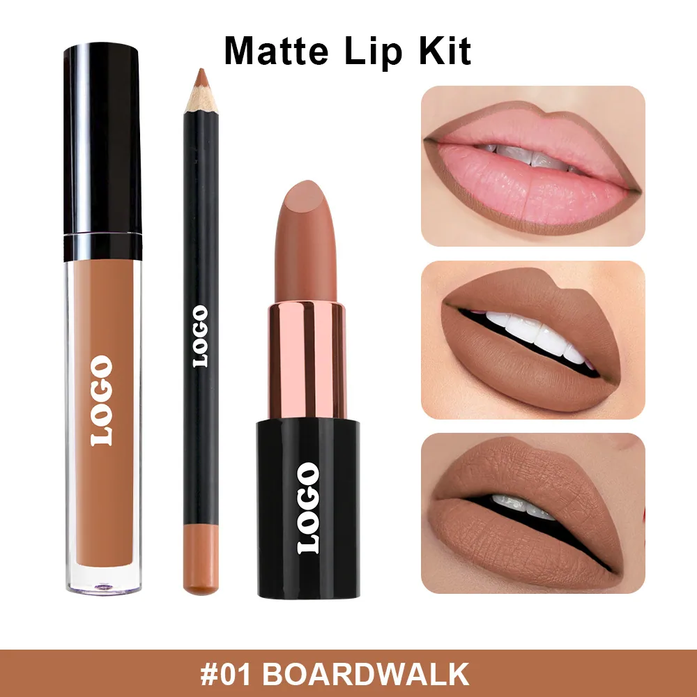 Venta caliente transfronteriza sin logo set de lápiz labial mate 3 en 1 delineador labial resistente al agua no se pega a la taza sin desvanecimiento brillo labial