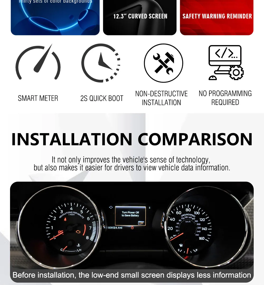Das neue Modell ist für den Ford Mustang 2015-21 mit 12,3-Zoll-Voll-LCD und intelligentem alten, verbesserten Kombiinstrument geeignet 11