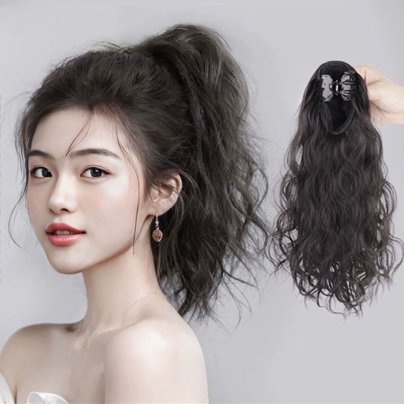 Douyin same wig female grab clip high ponytail Internet celebrity fluffy cloud hot water ripple simulated hair ponytail curls