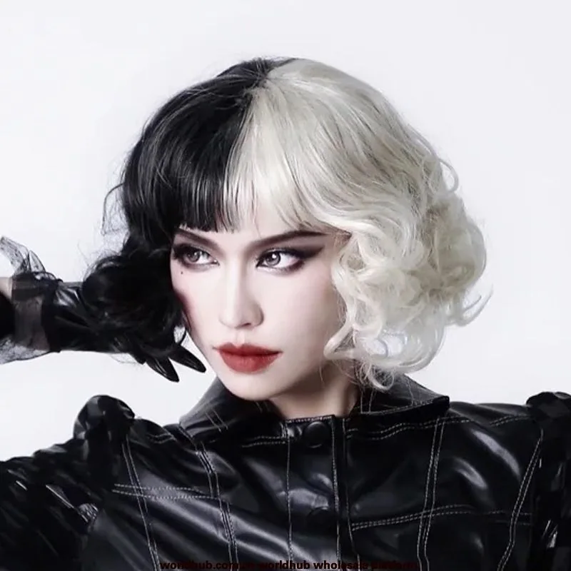 Amazon black and white witch Kuira COS wig Douyin with goods European and beautiful short roll full head cover manufacturer in s