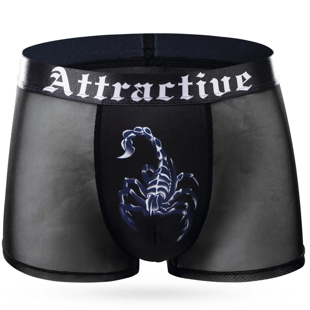Factory direct print scorpion men's mesh breathable sexy boxer briefs mesh ultra thin boxer shorts toe