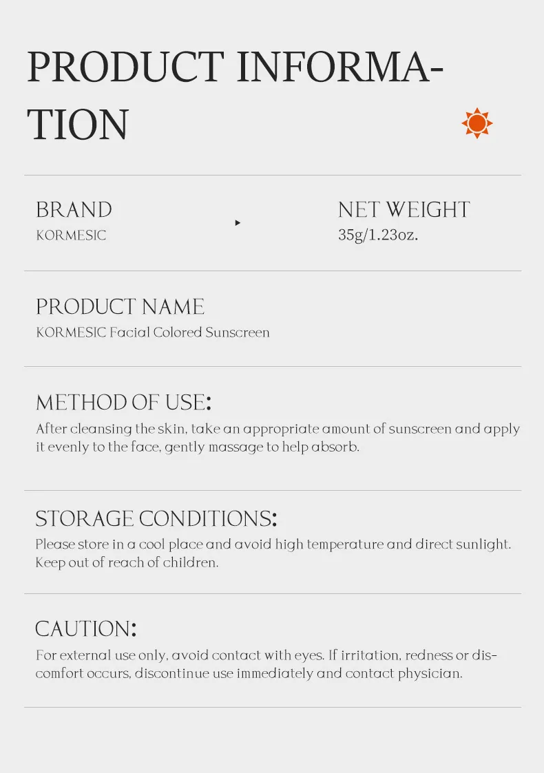 KORMESIC Facial Tinted Sunscreen Sunscreen Refreshing Non-greasy Cross-border foreign trade manufacturers wholesale 10
