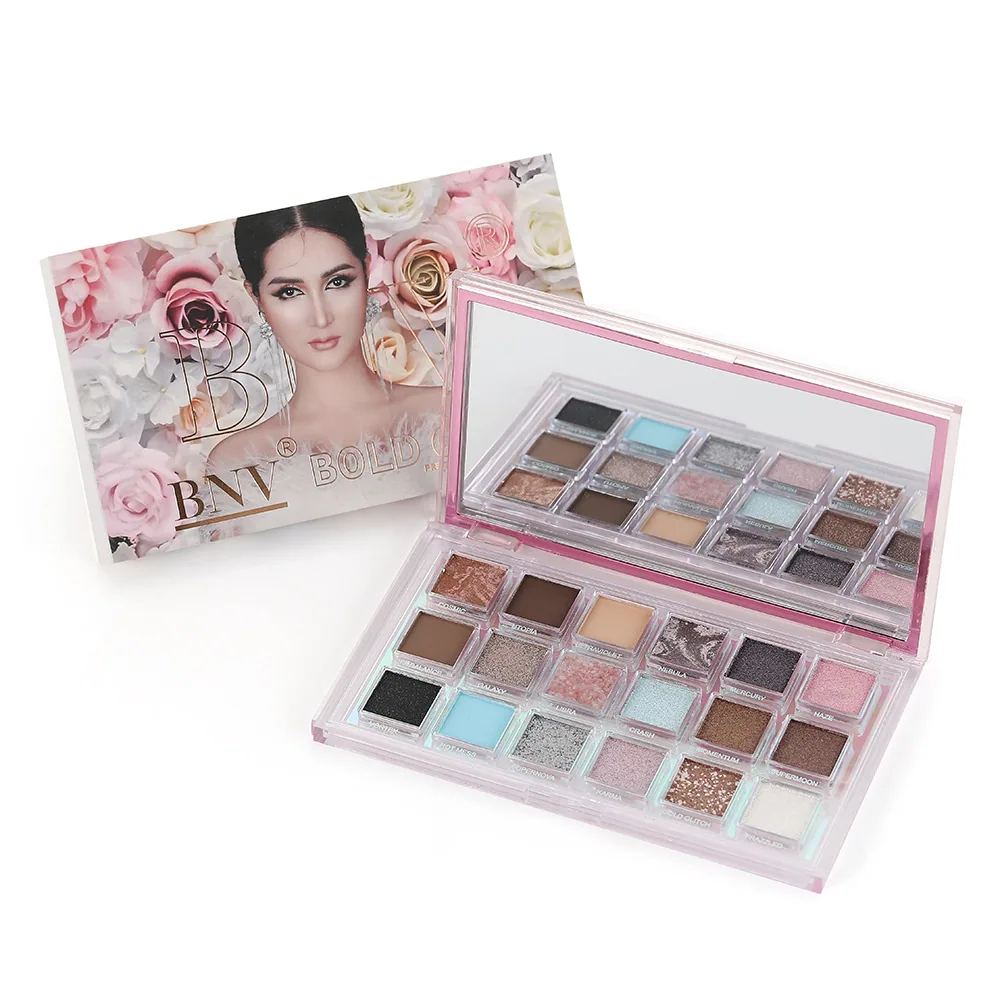 Close-up of 18-shade eyeshadow palette showing popping glitter, pearlescent matte and waterproof earthy tones in a multi-colo