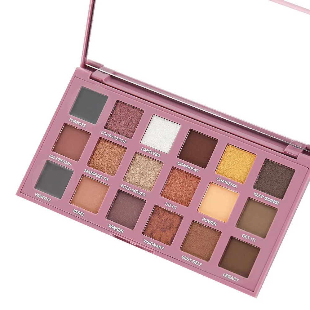 Swatch detail of 18-shade eyeshadow palette showing silver, brown, army green and milk shades, pearlescent matte finish