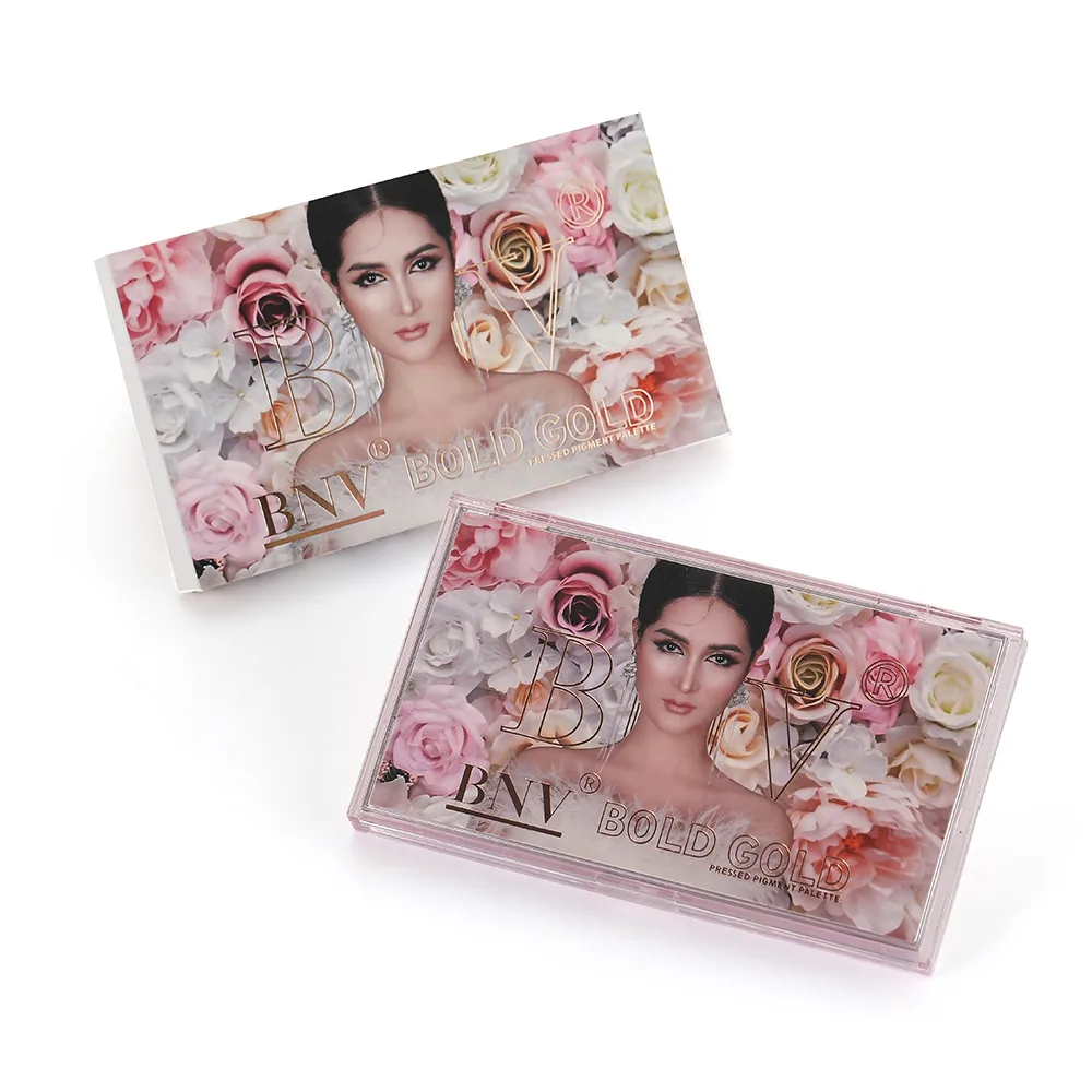 Close-up of 18-shade eyeshadow palette textures, popping glitter, pearlescent and matte earthy powders, waterproof formula