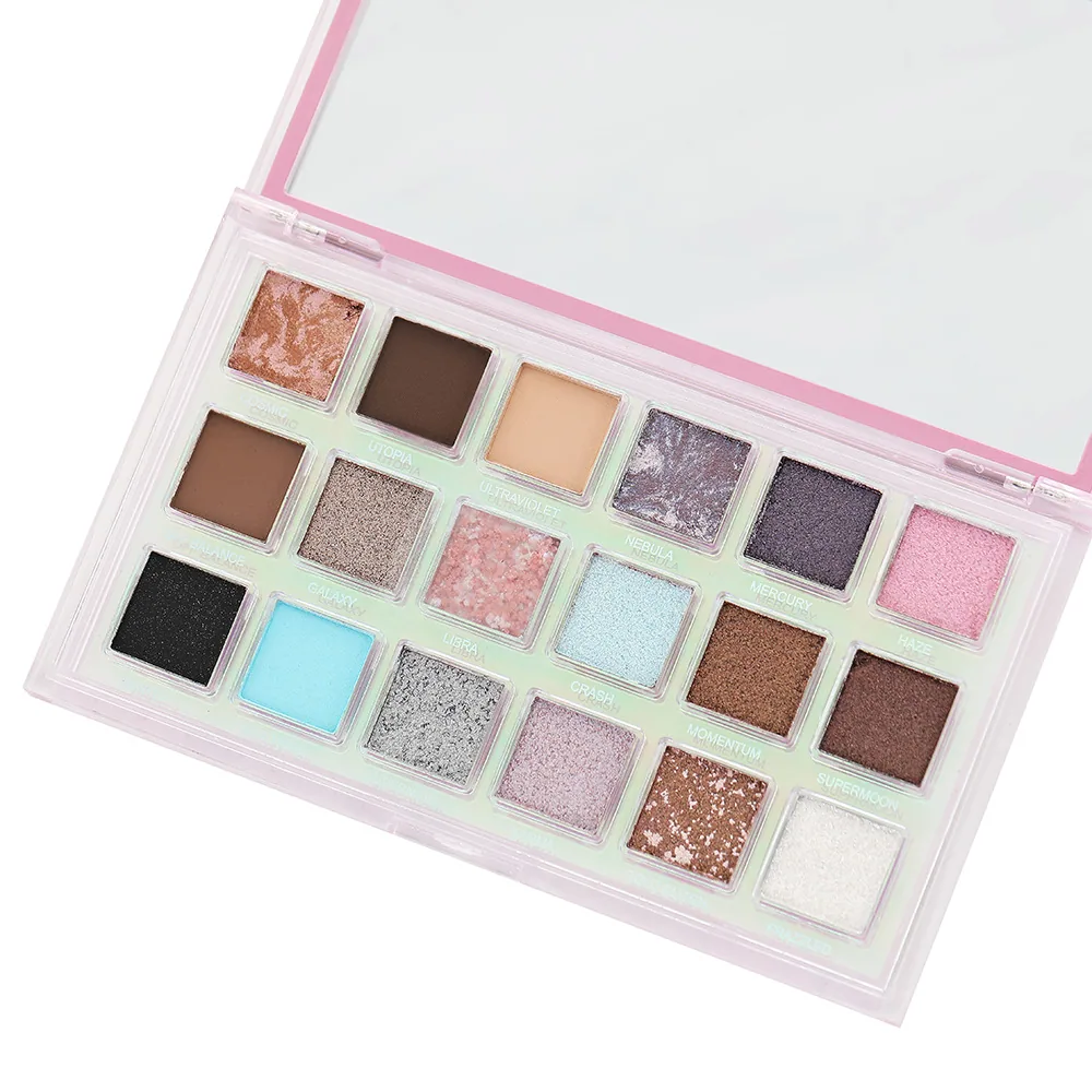 Multi-color 18-shade eyeshadow palette layout, summer popping glitter and earthy matte shades, waterproof eye makeup set