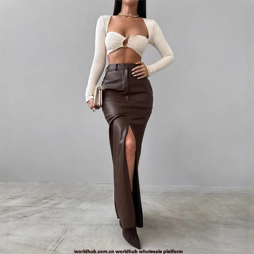 Cross-border European and American Clothing 2024 Leather Design Slit Solid Color High Waist Simple Leather Slim Skirt 3