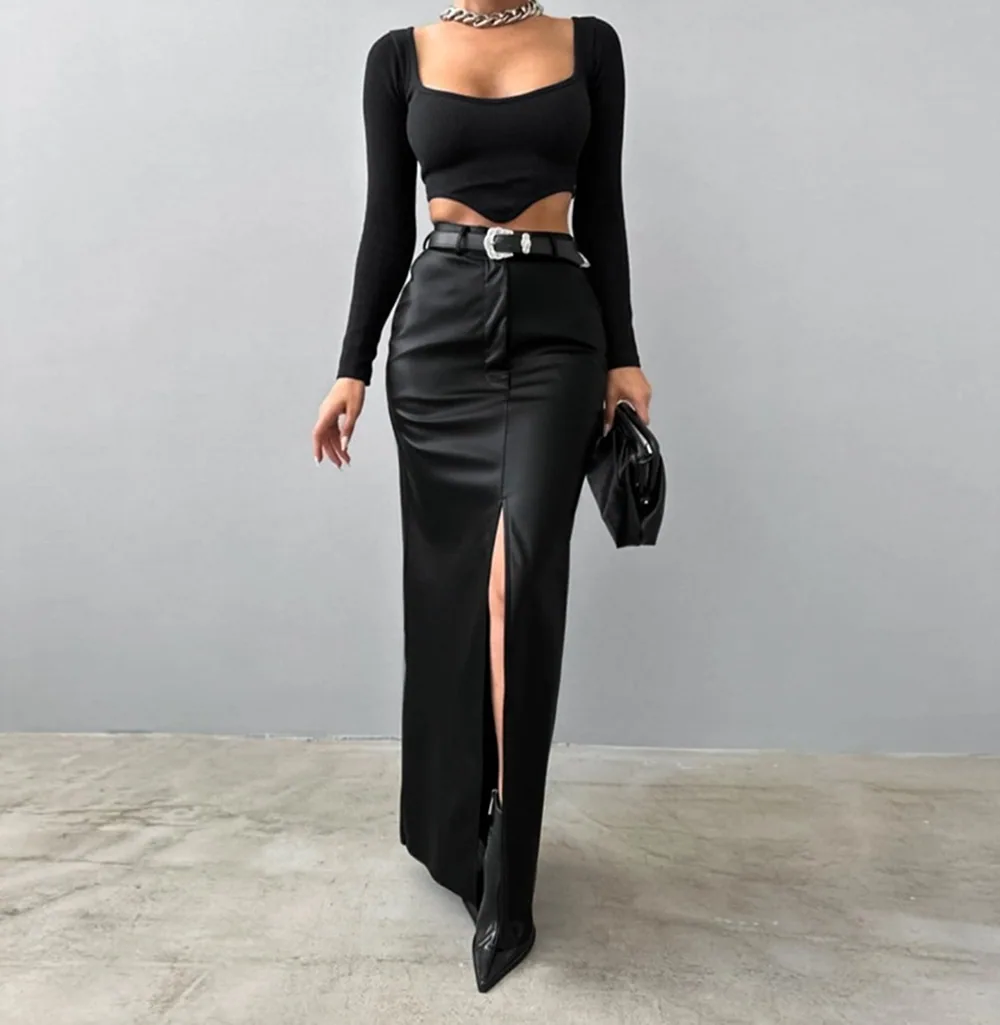 Cross-border European and American Clothing 2024 Leather Design Slit Solid Color High Waist Simple Leather Slim Skirt