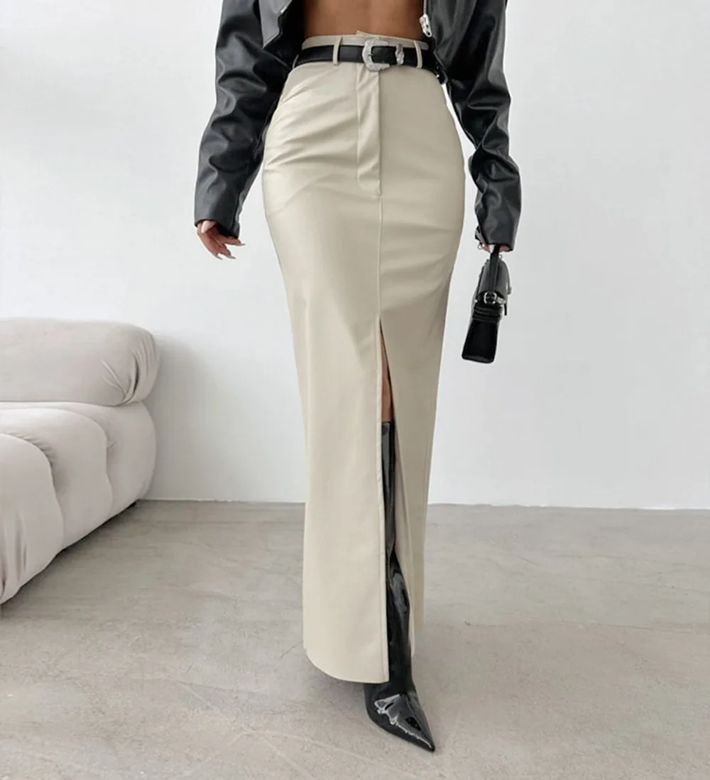 Cross-border European and American Clothing 2024 Leather Design Slit Solid Color High Waist Simple Leather Slim Skirt 2