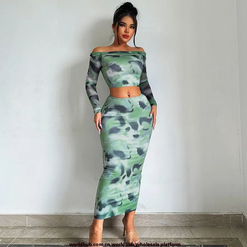 Cross-border European and American style 2025 summer new fashion long-sleeved one-neck T-shirt slim hip skirt set for women