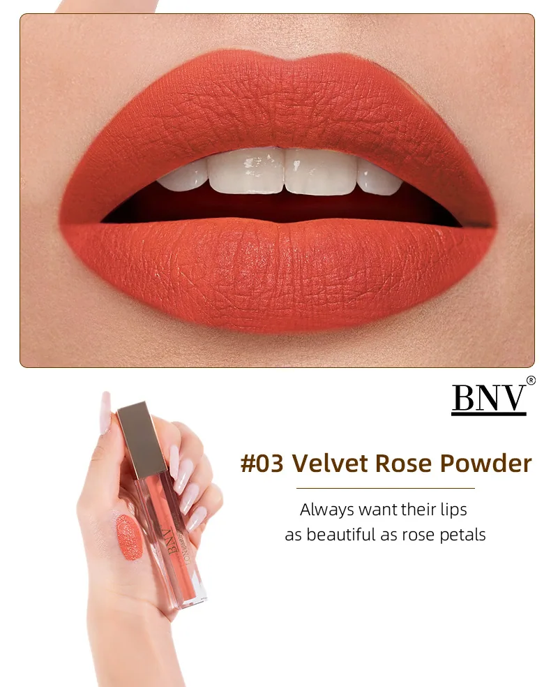 BNV matte lip gloss swatch showing non-stick cup finish, velvet texture gliding smoothly for waterproof nude lip makeup