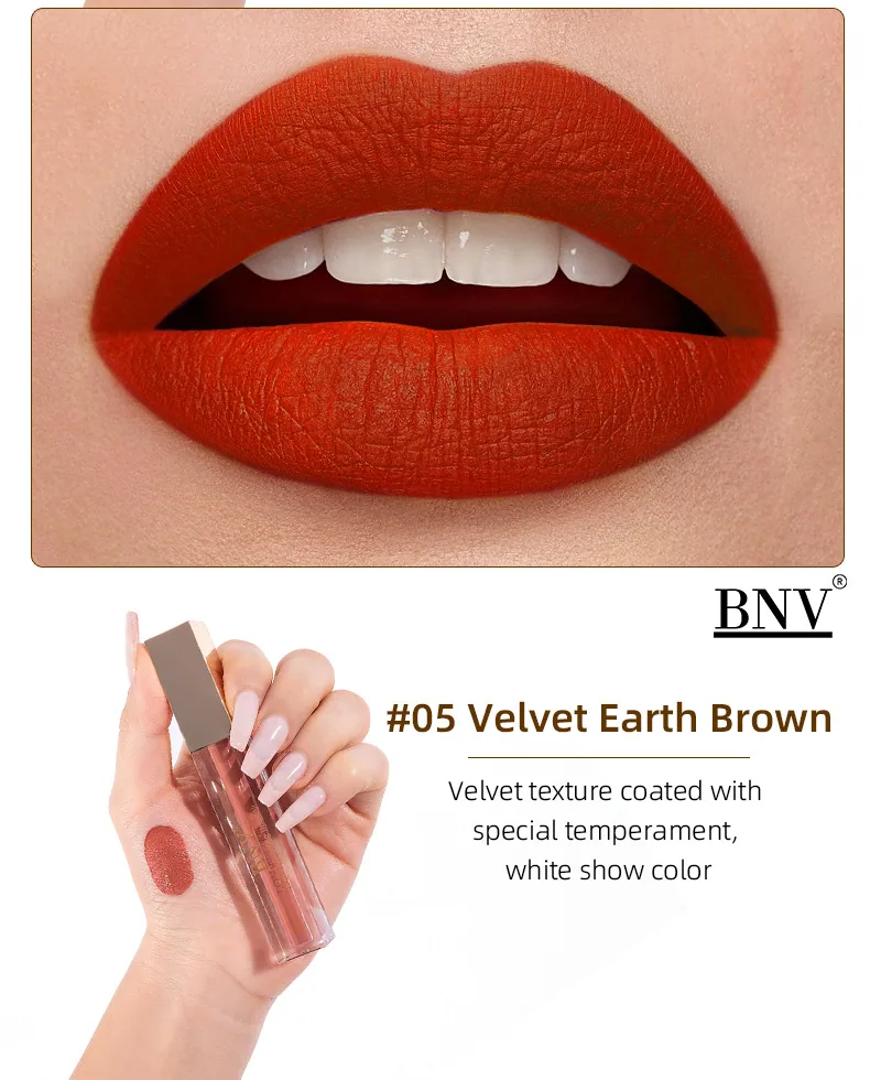 BNV non-stick cup velvet lip gloss matte lipstick in nude shade, close-up of soft velvety texture and rich color payoff