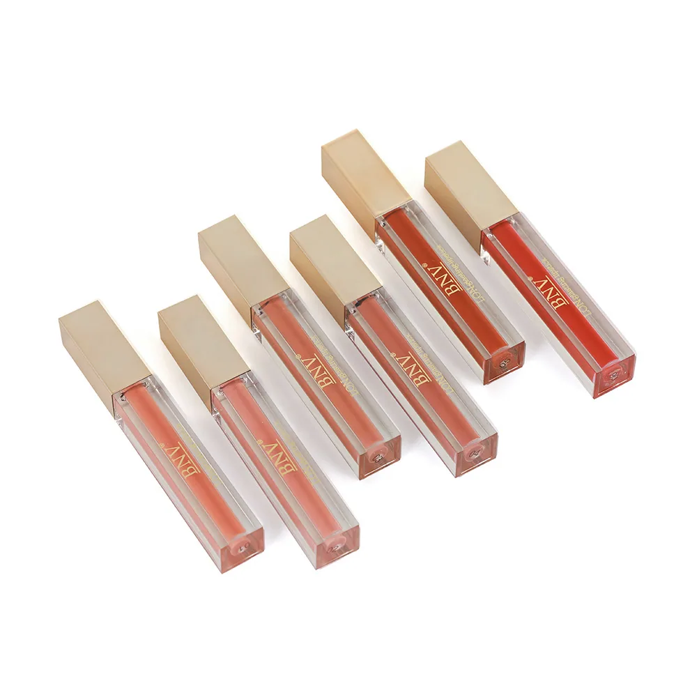 Close-up of BNV velvet matte lip gloss texture, non-stick cup formula and soft nude pigment detail