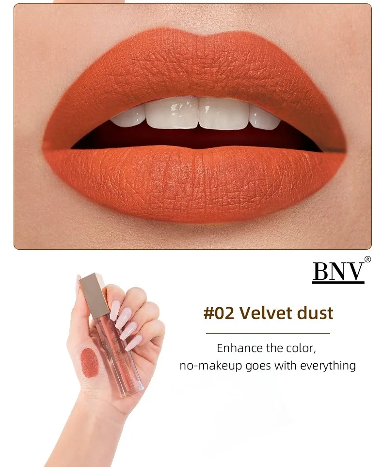 BNV non-stick cup velvet lip gloss matte lipstick close-up texture detail for women nude makeup waterproof finish
