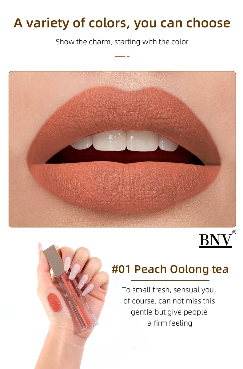 BNV non-stick cup velvet lip gloss matte lipstick in nude shade, close-up of soft applicator tip for women
