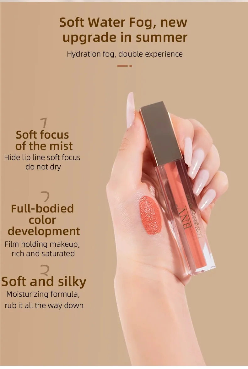 BNV matte lipstick bullet showing creamy velvet pigment, non-stick cup formula for long-lasting nude lip makeup