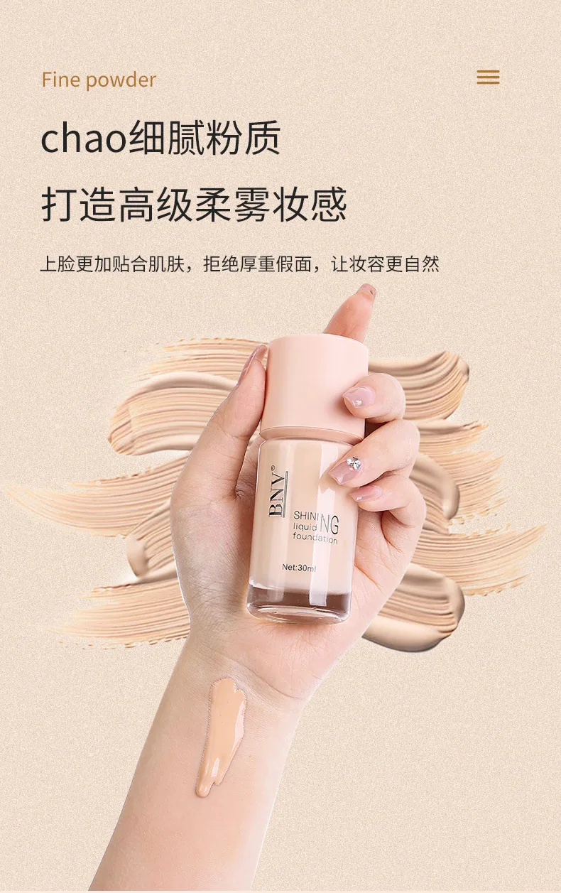 BNV long lasting coverage foundation liquid close-up showing moisturizing texture and light concealer finish for radiant skin
