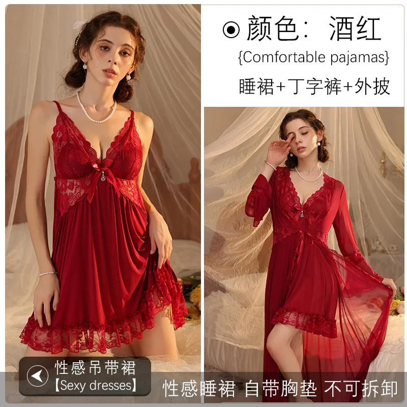Spring and Autumn New Sexy Pajamas, Super A Skirt, Silky Satin with Chest Paddle, Sundress Pajamas, Robes, Loungewear Set 2