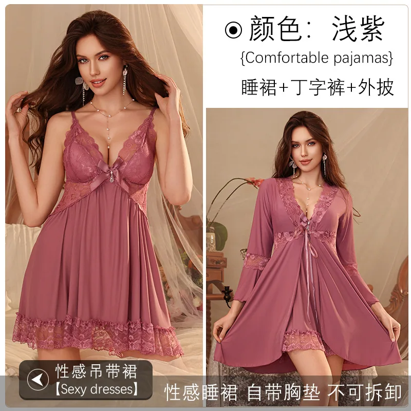 Spring and Autumn New Sexy Pajamas, Super A Skirt, Silky Satin with Chest Paddle, Sundress Pajamas, Robes, Loungewear Set 5