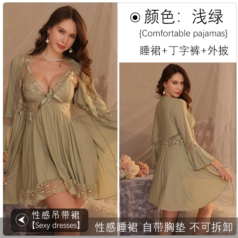 Spring and Autumn New Sexy Pajamas, Super A Skirt, Silky Satin with Chest Paddle, Sundress Pajamas, Robes, Loungewear Set 4