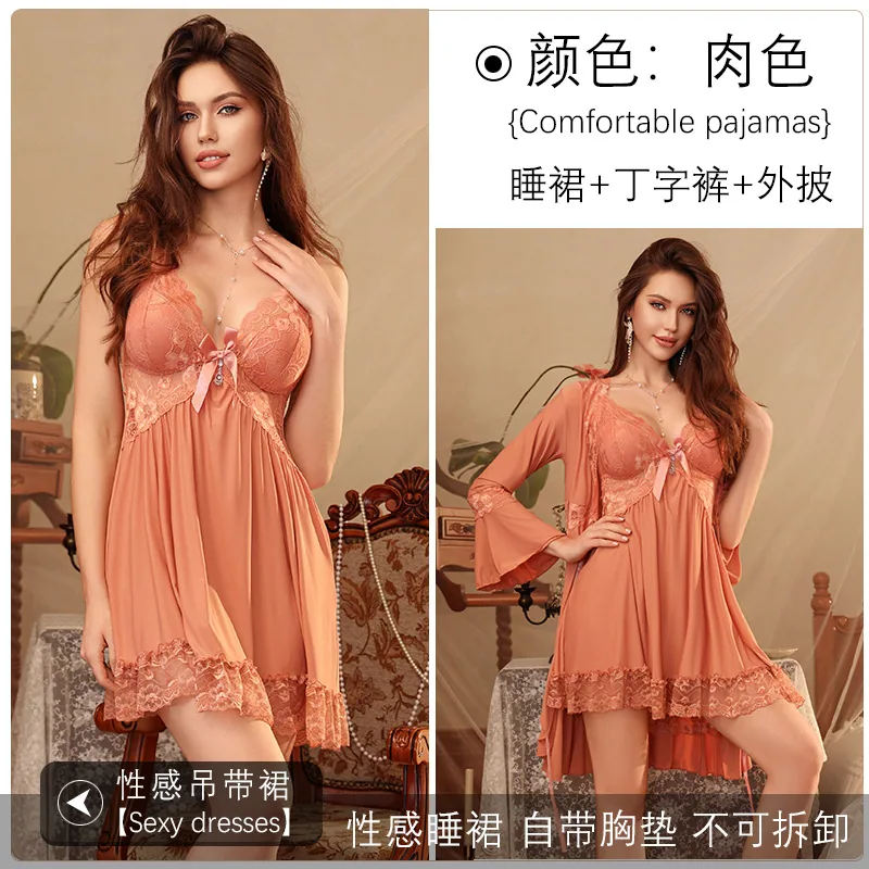 Spring and Autumn New Sexy Pajamas, Super A Skirt, Silky Satin with Chest Paddle, Sundress Pajamas, Robes, Loungewear Set 3