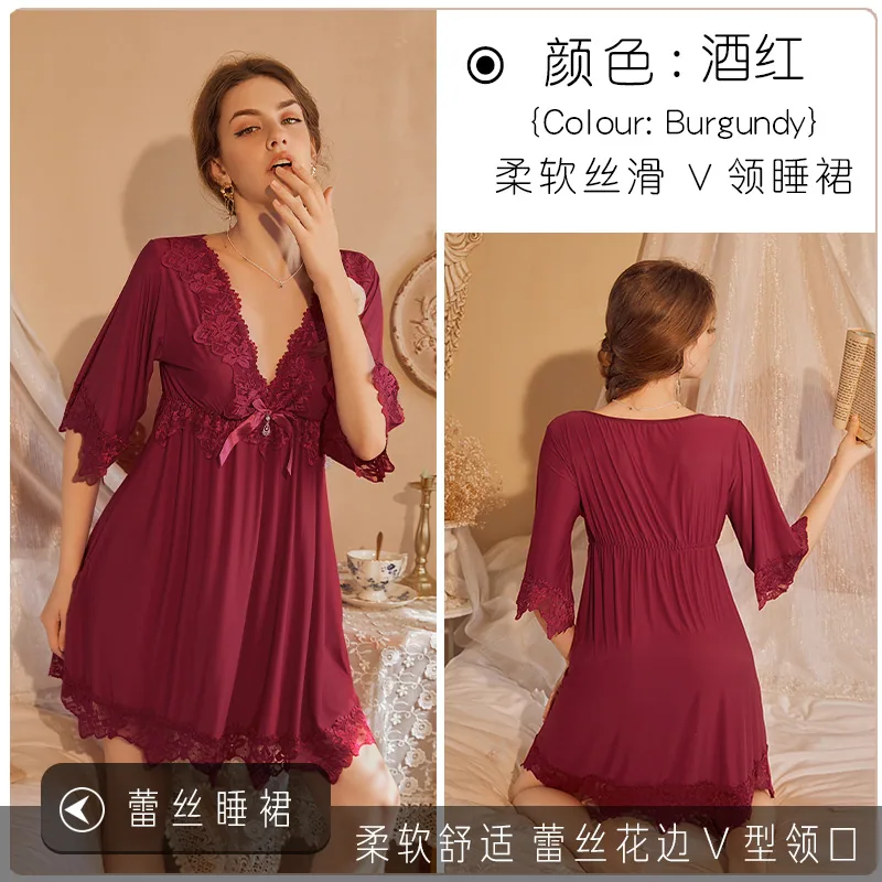 Neues französisches sexy Nachthemd, rote Hochzeit, Spitze, Sex, Seide, Übergröße, V-Ausschnitt, Vintage, hochwertiges Nachthemd 4