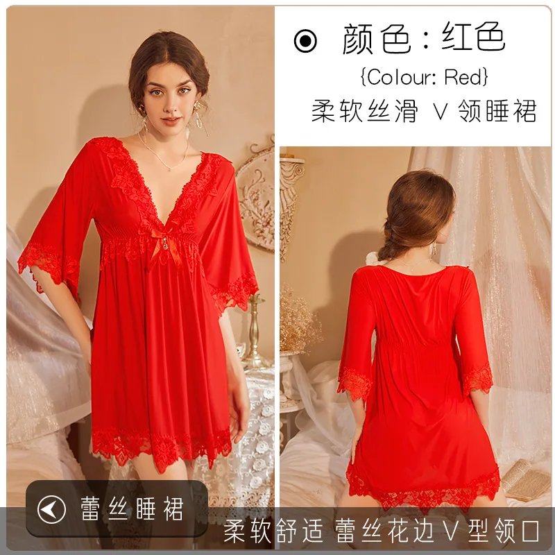 Neues französisches sexy Nachthemd, rote Hochzeit, Spitze, Sex, Seide, Übergröße, V-Ausschnitt, Vintage, hochwertiges Nachthemd 3