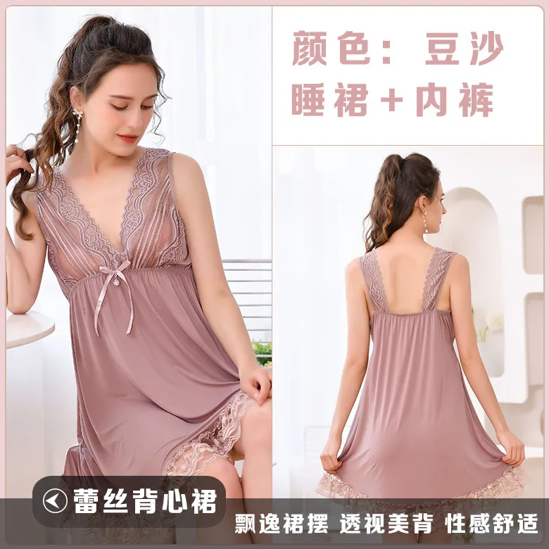 high end lingerie ice silk sundress cross-border wholesale plus size lace sleevless nightdress home home dress 7