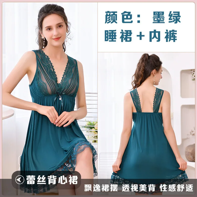 high end lingerie ice silk sundress cross-border wholesale plus size lace sleevless nightdress home home dress 4
