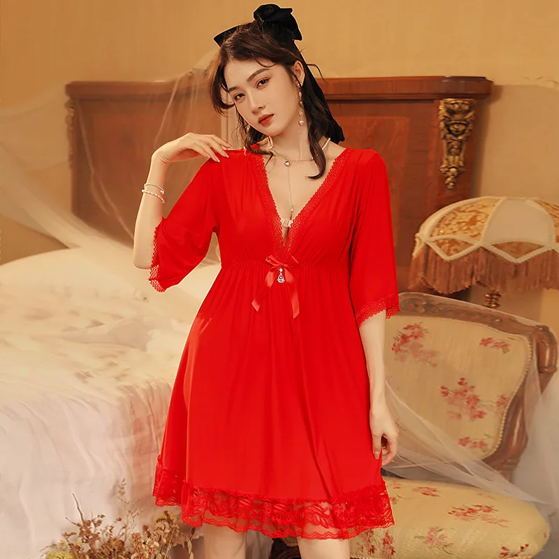 Sexuality and fun fashion lingerie set personality charming nightdress ice silk lace short sleeve V-neck ins pajamas 4