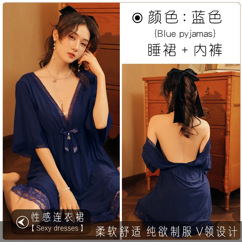Sexuality and fun fashion lingerie set personality charming nightdress ice silk lace short sleeve V-neck ins pajamas 6