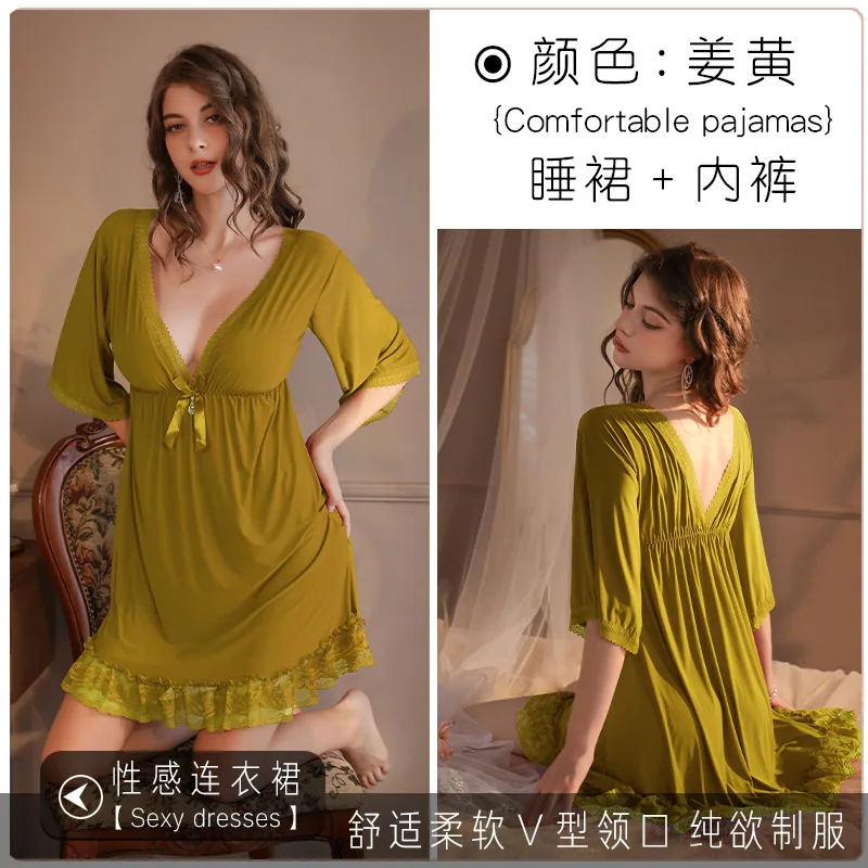 Sexuality and fun fashion lingerie set personality charming nightdress ice silk lace short sleeve V-neck ins pajamas 11