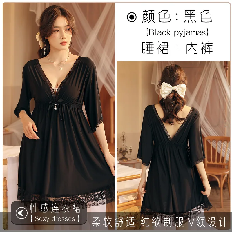 Sexuality and fun fashion lingerie set personality charming nightdress ice silk lace short sleeve V-neck ins pajamas 3